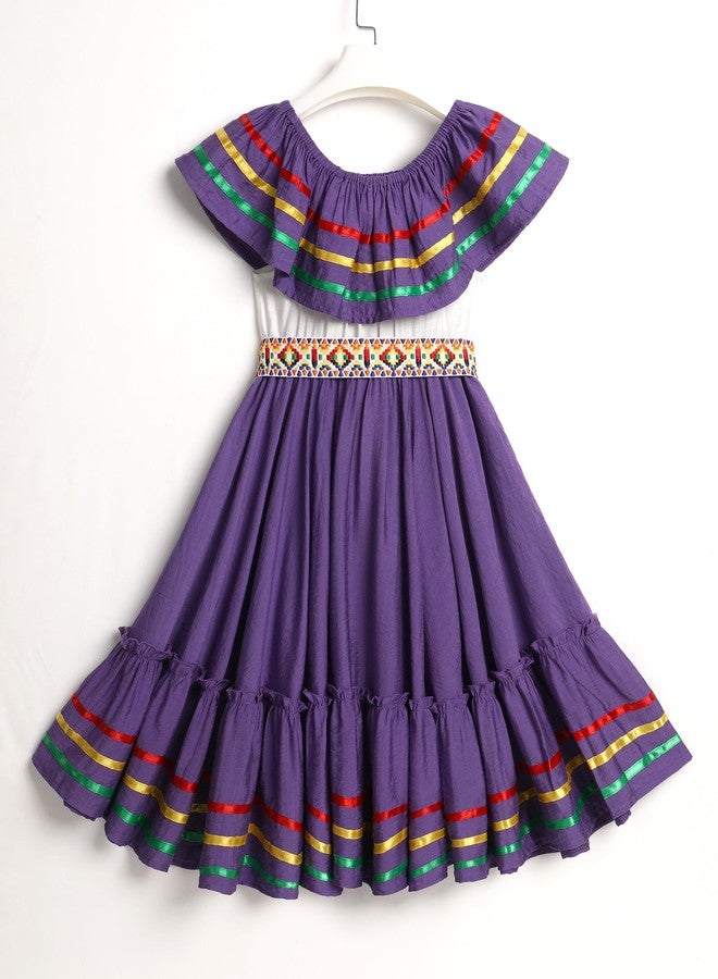 ODIZLI Mexican Dress for Girls Traditional Cinco de Mayo Fiesta Dresses for Toddler Girl Off-Shoulder Sleeveless Kids Vestidos Tipicos Mexicanos Flamenco Dress Ruffle Drape A Line Dress Purple 9-10 Years - Image 4